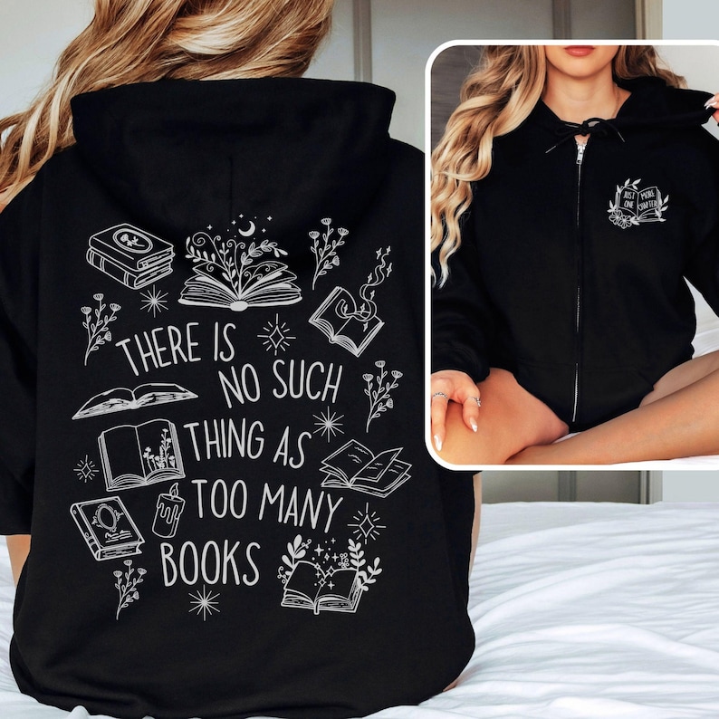 Model wearing bookish zip-up hoodie with book designs on front and back
