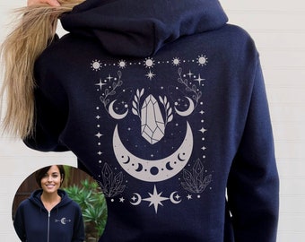 Zip Up Moon Hoodie For Women Black Zip Up Hoodie It's Just A Phase Celestial Hoodie Front And Back Design Spiritual Hoodie Full Zip Up