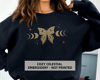Cottagecore Embroidered Sweatshirt Butterfly Embroidery Sweater Women Cottagecore Outfit Gift Boho Aesthetic Pullover Fall Winter