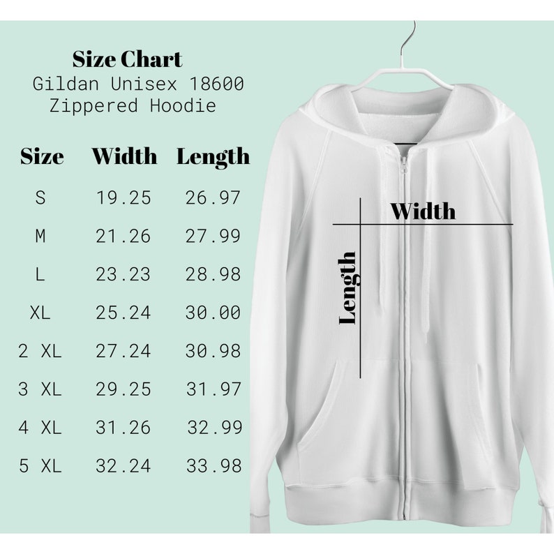 以下が含まれることがあります： 白のGildan Unisex 18600ジッパー付きパーカー、サイズチャート付き。 Sから5XLまでのサイズの測定値をセンチメートルで表示。 パーカーはフルジッパーとフード付きです。