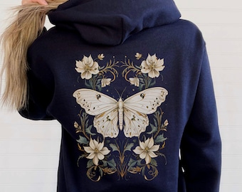 Luna moth full zip up hoodie fairy grunge cottagecore black zip up sweatshirt floral whimsy goth Y2K luna moth alt clothing butterfly hoodie