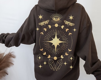 Witch Celestial Moon Hoodie, Moon Sweater, Celestial Hoodie, Witchy Hoodie, Moon Phase Hoodie, Moth Hoodie, Witch Hoodie, Brown Hoodie