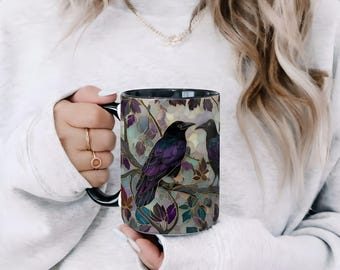 Gotische raaf paar mok gebrandschilderd glas koffiekopje donkere Academia romantische vogel cadeau 11oz 15oz Witchy Home Decor