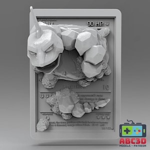 May include: A 3D printed model of a Pokemon card featuring the character Onix. The card is gray and features the text "Basic Pokemon Onix 90 HP" and "Rock Throw 10".