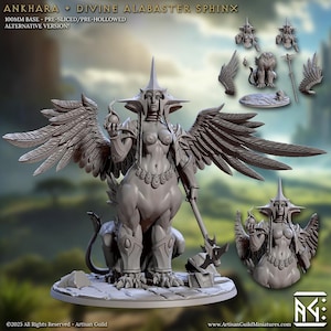 May include: A detailed, gray resin figurine of a sphinx with large wings, holding a staff and a glowing orb. The figure is on a base, with additional components displayed. Text on the image reads "ANKHARA + DIVINE ALABASTER SPHINX".