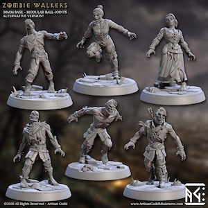 May include: Six grey miniature zombie figures are displayed, each in a unique pose on a circular base. The figures show detailed skeletal features and torn clothing. The text at the top reads "ZOMBIE WALKERS".