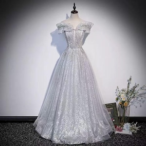 Enchanting Off Shoulder Sliver Tulle Prom Dress | Princess Dress | Fairy Ball Gown | Formal Dress | Evening Dress | Sliver A-line Prom Dress