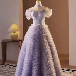 Lavender Tiered Tulle Prom Gown | Unique Wedding Dress | Purple Bride Dress | Princess Dress | Formal Prom Gown | Elegant Evening Gown