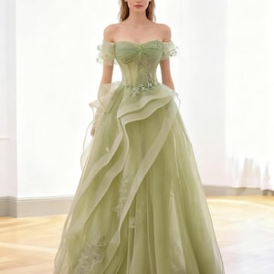 Sage Green Off Shoulder Tulle Prom Dress | Floral Embroidery Gown | Cocktail Dress | Evening Party Dress| Long Strapless Dress Ruffled Dress