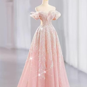 Stunning Pink Sparkly Sequins Prom Dress | Off Shoulder Pink Princess Prom Dress | Long Fairy Gown | Evening Party Gown | Custom Prom Dress