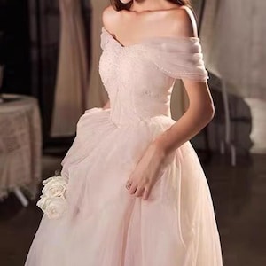 Beige Elegant Beaded Tulle Dress | Fairy Dress | Off Shoulder Dress | Formal Evening Dress | Wedding Gown | Party Dress | Tulle Bridal Gown