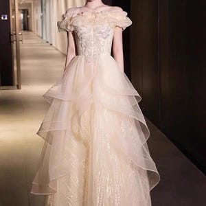 Champagne Evening Gown | Ruffled Tulle Skirt Dress | Champagne Prom Dress | Floor Length Dresses | Birthday Dress | A-line Tulle Dress