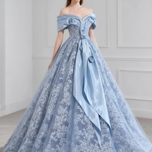 Blue Floral Evening Ball Gown | Blue Off Shoulder Princess Dress | Birthday Dress | Formal Party Dress Plus Size | Long Fairy Prom Dress