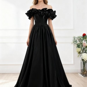 Black Satin Prom Dress | Off Shoulder Evening Dress | Black Formal Ball Gown | A line Long Prom Gown | Bridesmaid Dress| Wedding Party Dress