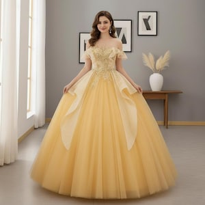 Yellow Tulle Ball Gown with Gold Embellishments | Off Shoulder Princess Prom Dress | Quinceanera Dress | Evening Party Dress | Ruffled Dress