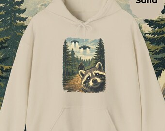 Raccoon Bigfoot UFO Hoodie – Funny Cryptid Forest Hoodie, Vintage Style Sasquatch Alien Hoodie, Unisex Graphic Sweatshirt