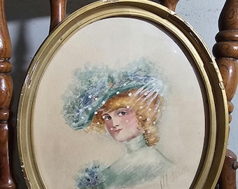Antique 1800&#39;s Victorian Woman Wearing Blue Hat Signed by Artist in Wood Oval Frame 11&quot;x9&quot; RARE