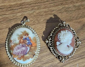 Vintage Fragonard Porcelain Hand Painted Pendant & 1970&#39;s Avon Cameo Brooch