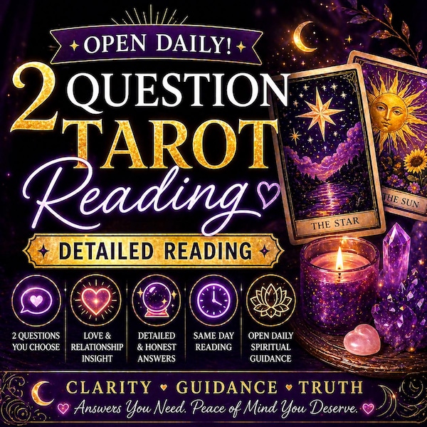 May include: An advertisement for a tarot reading service. The image features the text "2 QUESTION TAROT Reading" in gold and white, along with tarot cards, a lit candle, and crystals. The ad promises detailed readings and same-day service.