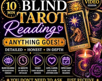 May include: An advertisement for tarot readings. The image features tarot cards, a lit candle, and crystals. Text includes "Blind Tarot Reading," "Anything Goes," and "Video Tarot Reading Session." The color scheme is purple, gold, and black.