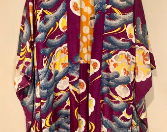 Vintage Traditional Purple with Blue Ginko Leaves Silk Kimono