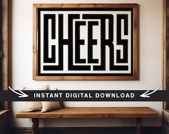 Art numérique Cheers, bar chariot cocktail typographie affiche téléchargement immédiat décoration murale, type enseigne de salle à manger, impression cadeau whisky vin bière