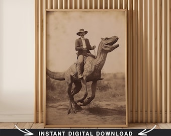 Cowboyrijdende dinosaurus kunstprint, vintage westernfoto (digitale download)