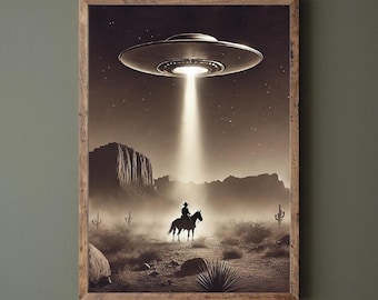 Cowboy UFO Print, Retro Western Wall Art, Funny Desert Landscape (Digital Download)