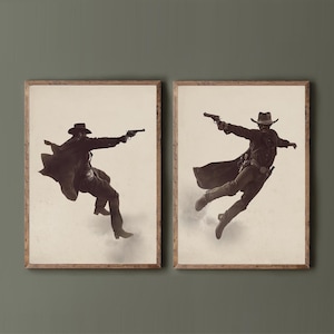 May include: Two black and white photographs of cowboys in mid-air, one pointing a gun and the other holding a gun. The cowboys are wearing hats and are silhouetted against a white background.