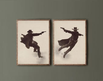 May include: Two black and white photographs of cowboys in mid-air, one pointing a gun and the other holding a gun. The cowboys are wearing hats and are silhouetted against a white background.