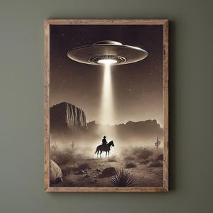 UFO Cowboy Western Druck, Americana Poster Wandkunst, Cowboys Aliens Poster, Retro Alien mit fliegender Untertasse, trendige Pferdeästhetik im Südwesten