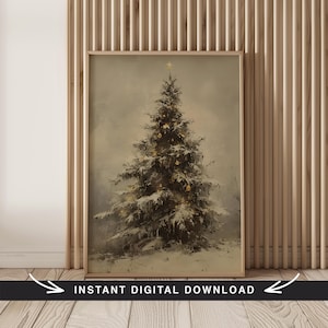 May include: A vintage-style painting of a snow-covered Christmas tree with twinkling lights. The tree is set against a soft, muted background, creating a nostalgic and cozy atmosphere.