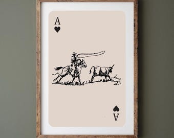 Ace Hearts Print, Cowboy Modern Art Poster, Desert Scene (Digital Download)