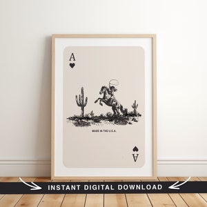 Digital Cowgirl Wrangler Western-Druck, Spielkarte Herz-Ass-Poster, Rodeo-Wandkunst, Kaktus südwestlicher ästhetisches Pferdesonnenuntergang-Wüste