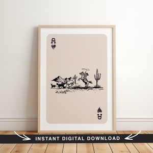 Impresión digital de vaquera del oeste, póster de as de naipes, arte mural de rodeo, vaquero de cactus retro, estética del suroeste, ganado, vaca y caballo.