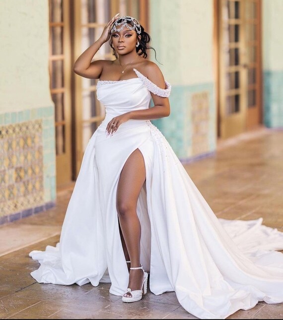 White Wedding Beaded Dress With Split Reception Dress - Etsy New Zealand