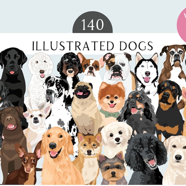 Dog Clipart Bundle with 140 Dogs - VOLUME 2 - Dog Breed Illustrations - Over 50 MORE Dog Breeds & Mixes - Dog Vector Clip Art