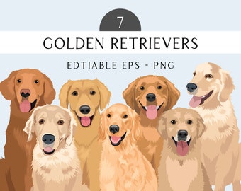 Golden Retriever Clip Art - Dog Breed Editable Vector Pack - Golden Retrievers Dog Vector Art in EPS PNG