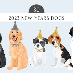 Nieuwjaar 2023 clipartbundel met 30 honden - nieuwjaarshond clip art illustraties - gelukkig nieuwjaar honden - honden met feesthoeden - hondenkunst