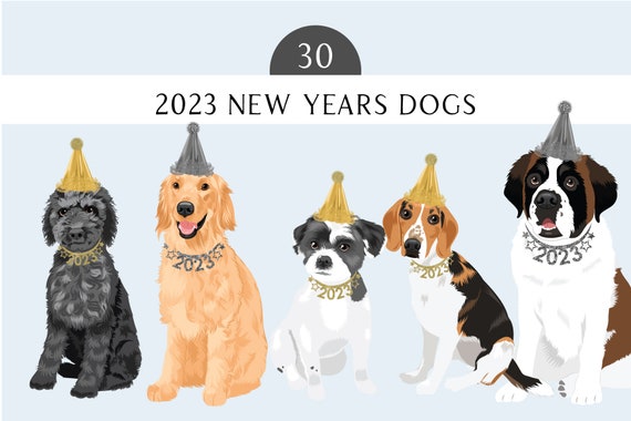 New Years 2023 Clipart Bundle with 30 Dogs  - New Years Dog Clip Art Illustrations - Happy New Year Dogs  - Dogs with Party Hats - Dog Art