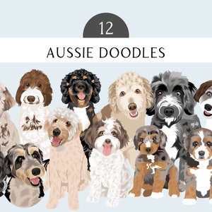 Aussie Doodle Clip Art - Dog Breed Editable Vector Pack - Aussiedoodle Dog Vector Art in EPS PNG and JPEG format