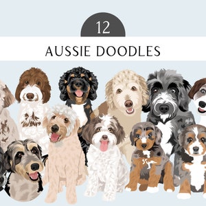 Aussie Doodle ClipArt - Bearbeitbares Vektorpaket für Hunderassen - Aussiedoodle Dog Vector Art im EPS PNG- und JPEG-Format