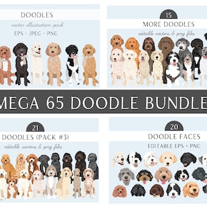 Labradoodle Clip Art - Goldendoodle Vector Art - Mega Dog Clip Art Bundle 65 Doodles - Dog Breed Editable Vector Pack -  EPS and PNG
