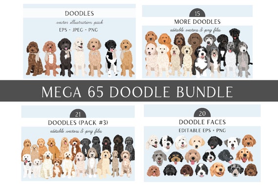 Labradoodle Clip Art - Goldendoodle Vector Art - Mega Dog Clip Art Bundle 65 Doodles - Dog Breed Editable Vector Pack -  EPS and PNG