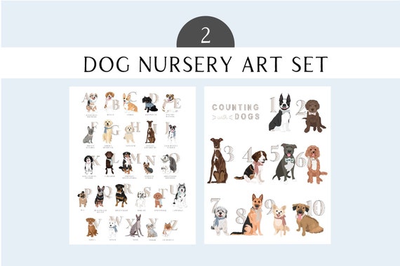 Dog Alphabet Art for Nursery Set - Dog ABC art and Dog Counting Art for Baby Room - Dog Nursery Art Printable