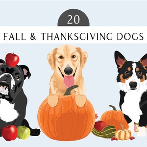 Thanksgiving Clipart Bundle mit 20 Hunden - Herbst Hund Clip Art Illustrationen - 20 Thanksgiving Hunde mit Kürbissen - Hunde mit Äpfeln