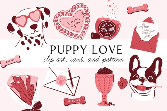 Valentines Day Dogs Clip Art - Dalmatian Valentine - French Bulldog Valentine - Valentines Day Pattern - Valentines Day Card with Dogs