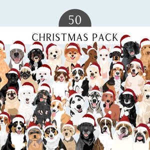 Christmas Dog Clipart Bundle with 50 Dogs in Santa Hats - Holiday Dog Breed Illustrations - 50 Dog Breeds - Dog Vector Clip Art Christmas