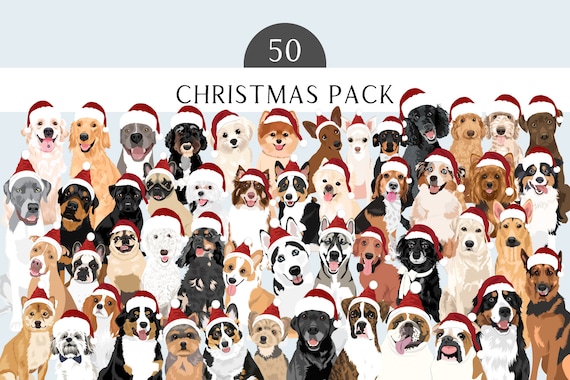 Christmas Dog Clipart Bundle with 50 Dogs in Santa Hats - Holiday Dog Breed Illustrations - 50 Dog Breeds - Dog Vector Clip Art Christmas