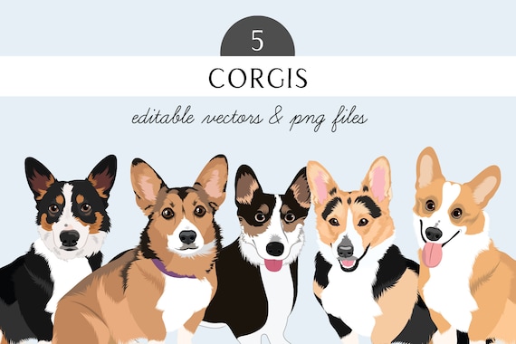 Corgi Clip Art - Dog Breed Editable Vector Pack - Corgi Dog Vector Art in EPS and PNG